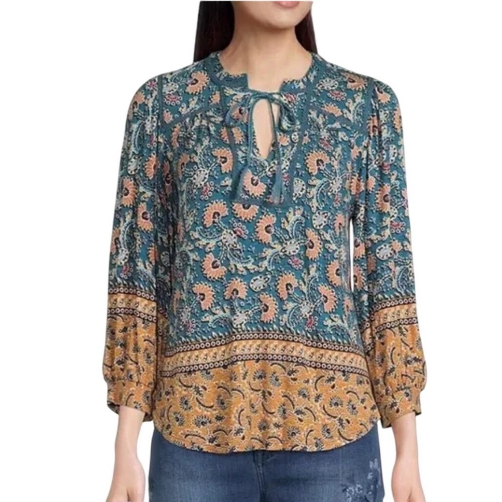 Democracy PL Teal‎ Orange Floral Print Tie Neck 3/4 Sleeve Blouse Top